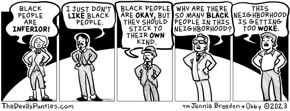 a webcomic, in each panel a white man uses similar language from "black people are inferior" through the various eras until the modern day "this neighborhood is getting too woke"